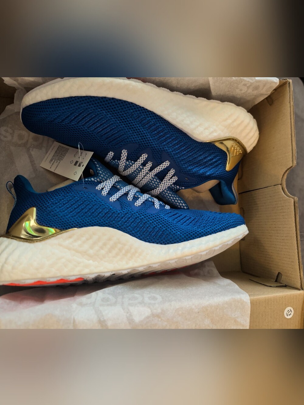adidas Blue Knit Athletic Sneakers with Gold Heel Trim